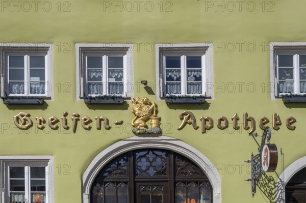 Lettering and griffin figure above the entrance of the Greifen Apotheke, since 1694, Marktpl. 10,