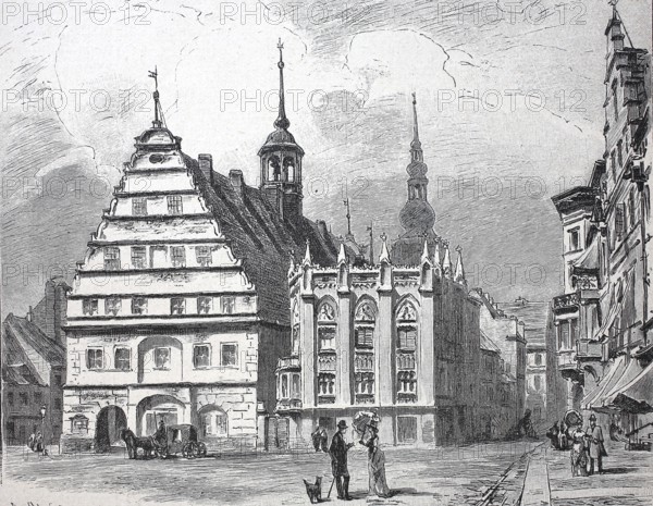 Market square and town hall of Greifswald, around 1900, Germany, reproduction of an original,
