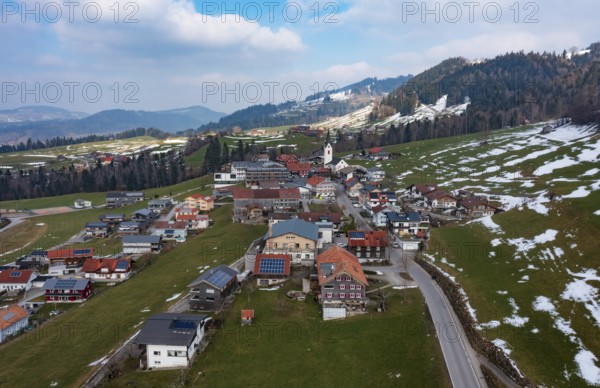 Drone image, residential buildings, settlement area, parish church, Riefensberg, Bregenzerwald,