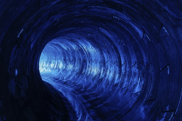 Blue illuminated Emscher sewer in front of commissioning, Oberhausen, Ruhr area, North