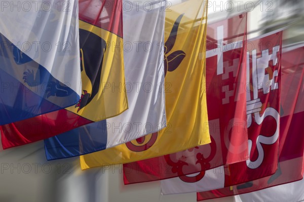 Symbolic photo of the cantonal flags of Zurich, Bern, Lucerne, Uri, Schwyz, Nidwalden, Glarus,