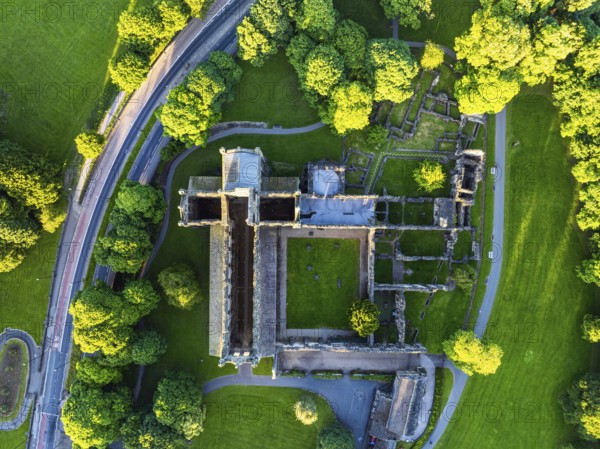 Top Down over Kirkstall Abbey from a drone, Kirkstall, River Aire, Leeds, West Yorkshire, England,