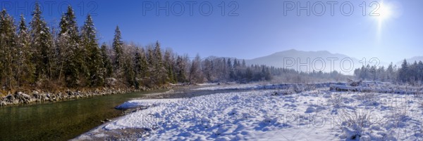 Isar in winter at the confluence of the Jachen, Tölzer Land, Upper Bavaria, Bavaria, Germany,