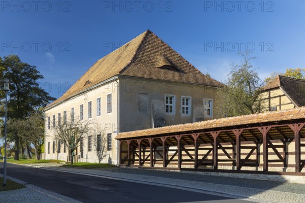 Historic market stalls on the market square in Diehsa, Waldhufen, Upper Lusatia, Saxony, Germany,