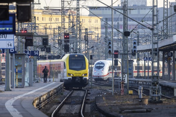 Stuttgart main station. Track apron with railway technology, ICE and regional train. Stuttgart,