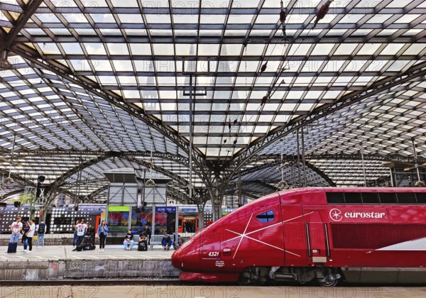 Cologne Central Station with Eurostar high-speed train and view of the cathedral, Cologne,