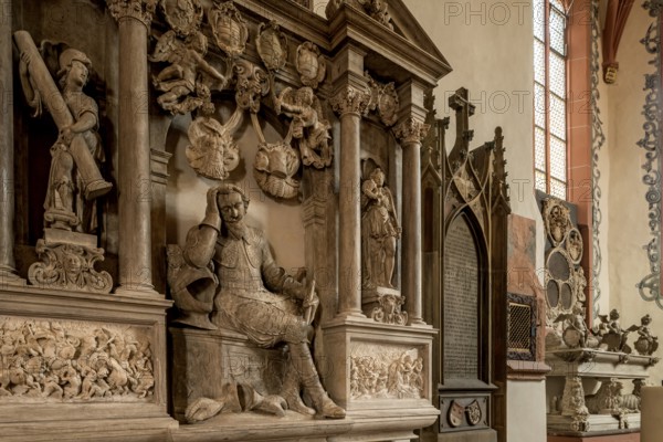 Protestant town church of the late Gothic period, funerary monument, seated figure, grave of Count