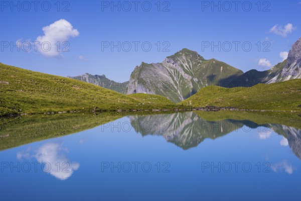 Eissee, Oytal, behind Himmelhorn, 2111m, Schneck, 2268m, and Himmeleck, 2145m, Allgaeuer Alps,