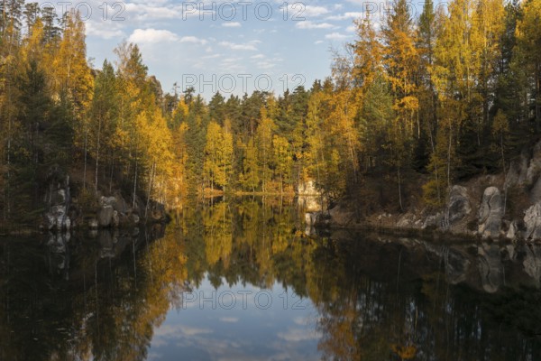Adršpašské pond, lakeshore with trees and rocks on a sunny day in autumn, Dolní Adršpach, 549 57