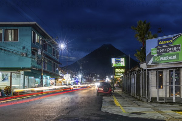 Road with view of the Arenal Volcano, Blue Hour, La Fortuna, Guanacaste, Costa Rica, Central
