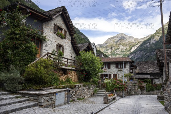 Typical Ticino stone houses in the village of Sonogno, Verzasca Valley, Valle Verzasca, Canton