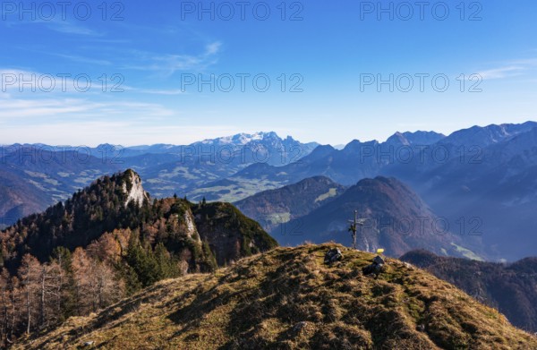 Drone shot, view from Schwarzer Berg to Gschirrwand Lammertal and Dachstein massif, Golling,