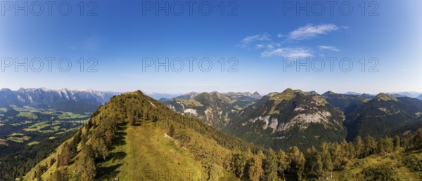 Drone shot, summit of the Einberg with a view of the Lammertal and Tennengebirge mountains,