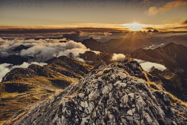 Sunrise hike on the Hochplatte in the Ammergau Alps, Ammergebirge in the Allgäu, Bavaria, Germany,