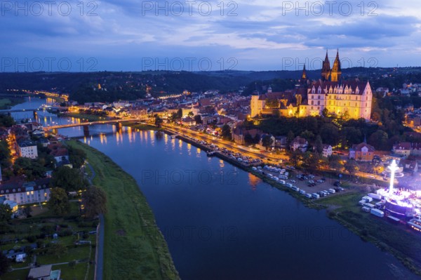 Old town with Elbe, Albrechtsburg and cathedral, night shot from above, Meissen, Saxony, Germany,