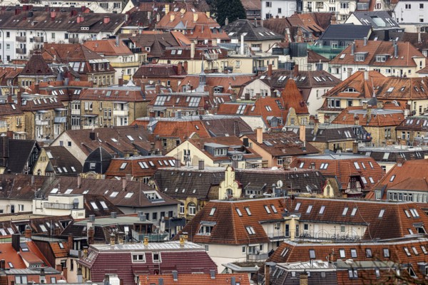 View from the Karlshöhe of the buildings and roofs of the densely populated city. Stuttgart,
