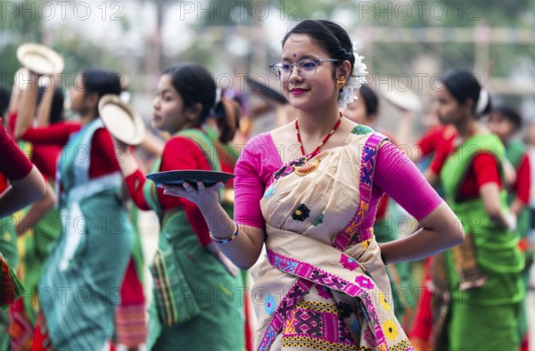 Participants with instructor dance in a Bihu dance workshop ahead of Rongali Bihu Festival, in