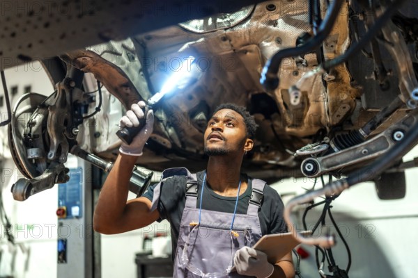 Young mechanic using flashlight and holding clipboard, inspecting car undercarriage in a