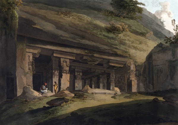 Rock reliefs depicting the story of the proud demon Ravana, Hindu Kailasa temple of Ellora in the