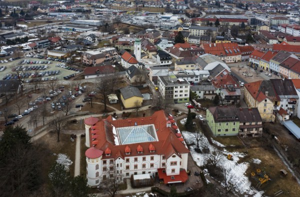Drone shot, townscape with residential buildings and shopping centres, town view, Feldkirchen in