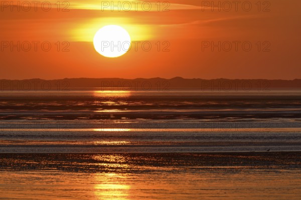 Sunset over the North Sea at low tide, the outline of the island of Juist on the horizon,