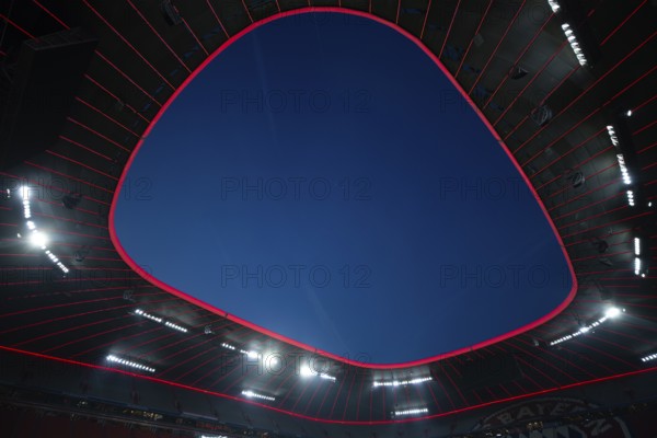 Roof construction, stadium, interior, illuminated, blue hour, Allianz Arena, Munich, Bavaria,