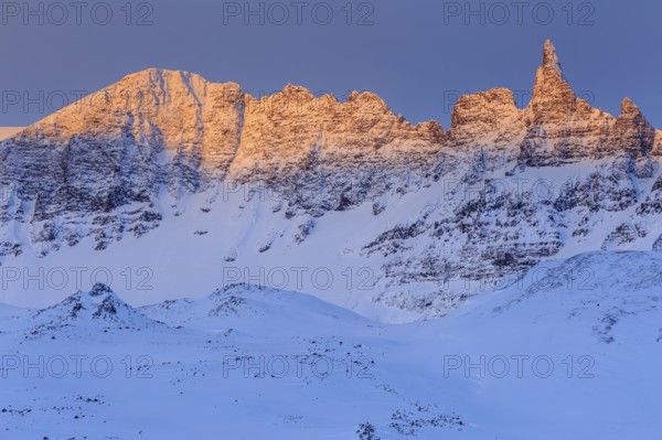 Peak mountains in the morning light, winter, snow, Akureyri, North Iceland, Iceland, Europe