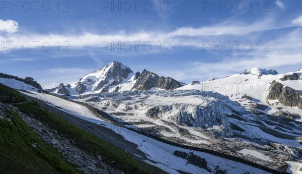 High alpine mountain landscape, summit of the Aiguille de Chardonnet and Glacier du Tour, glaciers