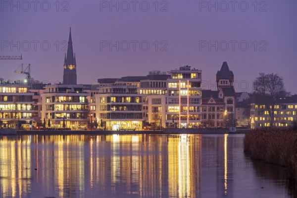 Lake Phoenix at dusk in Dortmund, North Rhine-Westphalia, Germany, Europe