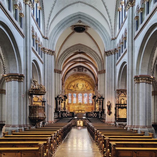 Interior view of Bonn Minster, nave with view of the eastern apse, Bonn, North Rhine-Westphalia,