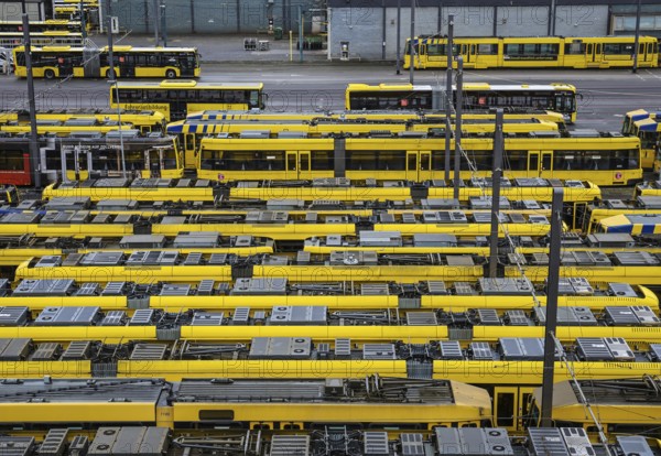 Essen, North Rhine-Westphalia, Germany, Trams at Ruhrbahn depot, Verdi and EVG warning strike,