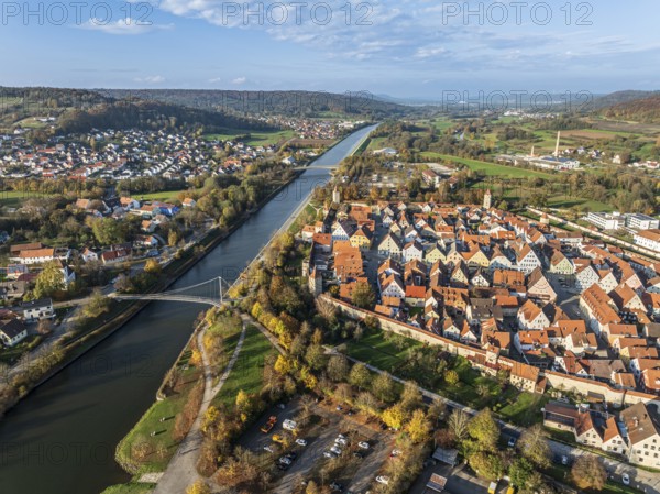 Historic center of village Berching, half-timbered houses, town wall, aerial view, Berching,