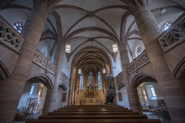 Interior with altar of the Church of St Nicholas and St Ulrich, nave built around 1400, Kirchenberg
