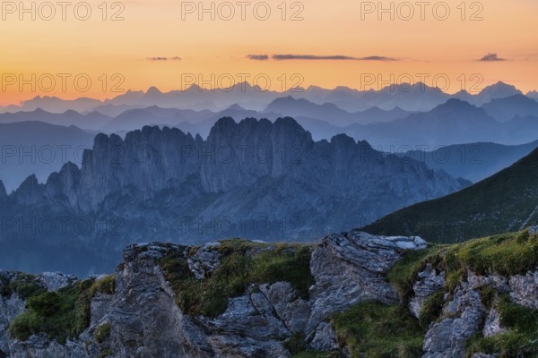 Fribourg Prealps with Gastlosen mountain range at dawn, Bernese Alps behind, cantons of Fribourg