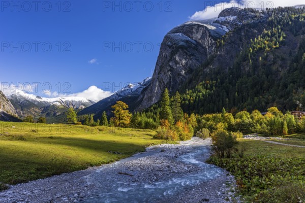 Brook, mountain landscape, maple trees, snow-covered mountains, sunny, autumn, Großer Ahornboden,