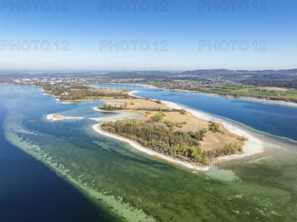 Aerial view of the Mettnau peninsula at low tide with shallows, danger to shipping traffic,