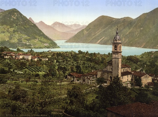 General view, Porlezza, Italy, Historic, digitally restored reproduction from a 19th century
