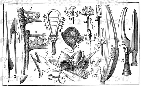Ancient Egyptian weapons, spear, sword, sling, sistrum, ca. 1300 BC, historical, digital