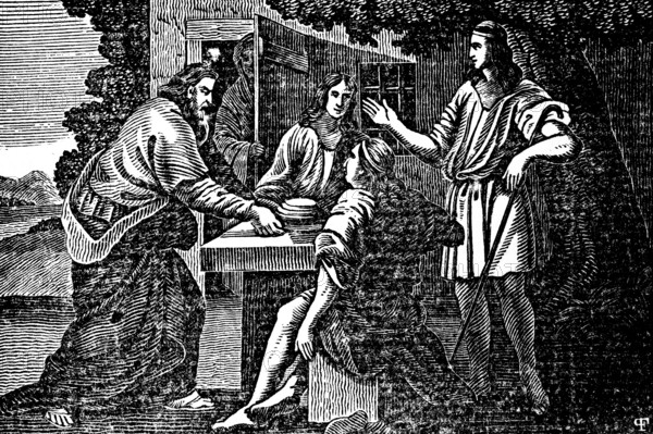 Abraham invites three strangers to rest and eat in front of his house, his woman Sarah stands at