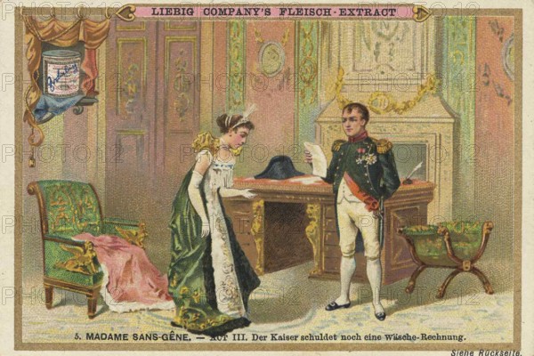 Picture series Madame Sans-Gene, Act 3, the emperor still owes the laundry bill, Liebig picture,
