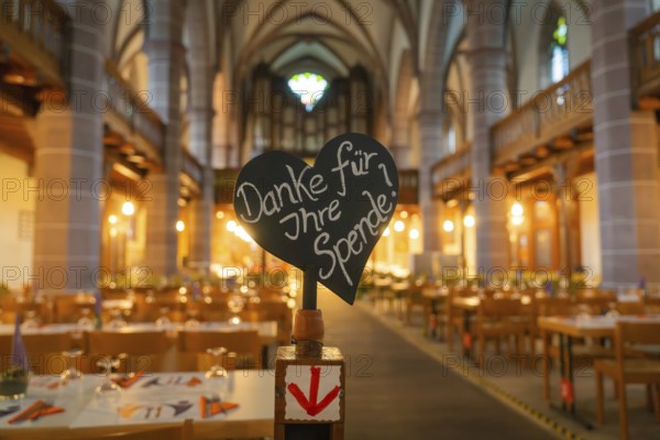 Appeal for donations in front of laid tables in a warmly lit church, Vesperkirche Calw, Black
