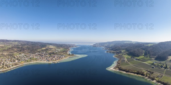 Aerial view, panorama of Lake Constance, Untersee, also known as Lake Rhine, which flows into the