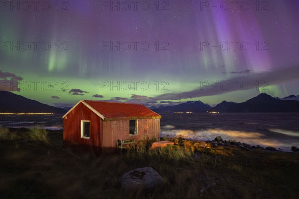 Northern Lights over a hut at the Lyngenfjord, Lyngen Alps, Lyngen, Troms og Finnmark, Norway,