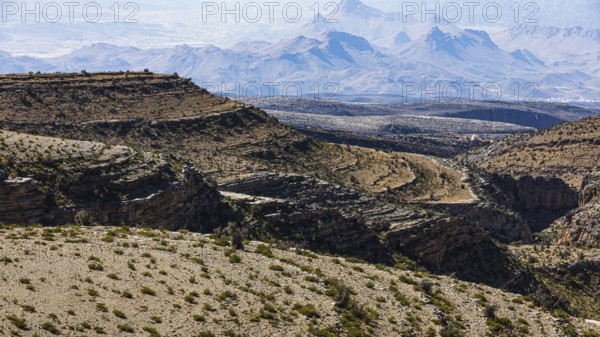 Slopes with barren vegetation and gorges, the mountains of the Hajar Mountains in the background,