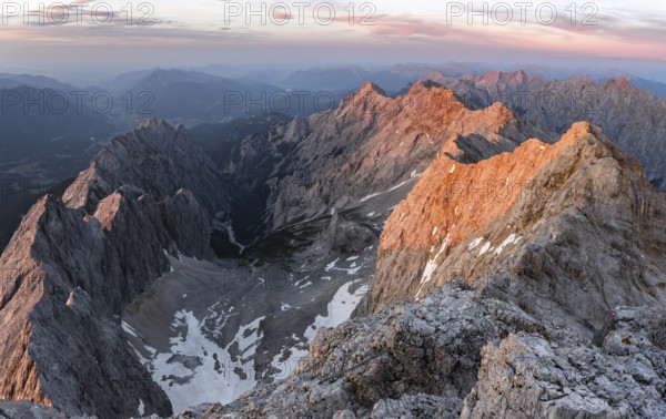 Impressive rocky mountain landscape, steep mountain ridge, Jubiläumsgrat with Alpspitze, view into