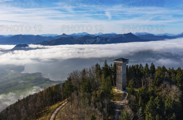 Drone shot, sea of fog in the Mondseeland with observation tower on the Kulmspitze, Mondsee,
