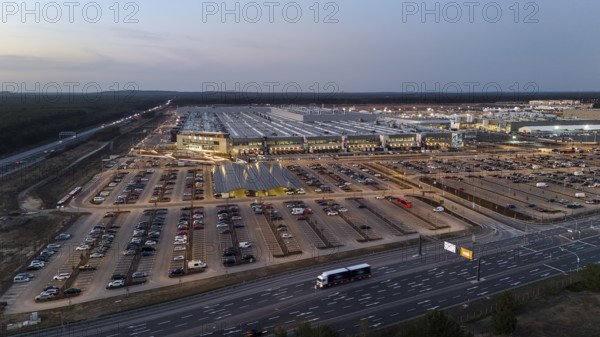 The Tesla Gigafactory at the blue hour, Grünheide, 07.03.2025, Grünheide, Brandenburg, Germany,