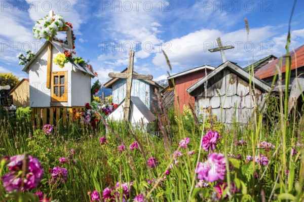Colourful flowers and graves with miniature houses made of corrugated iron and wooden shingles at