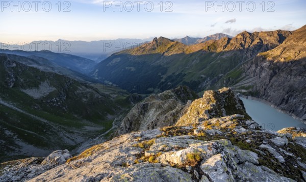Picturesque mountain landscape at the summit of Mont de la Blana at sunset, view of La Dixence