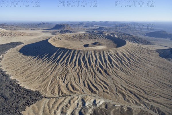 Harrat Khaybar volcanic landscape, aerial view, near Khaybar, Medina Province, Saudi Arabia,